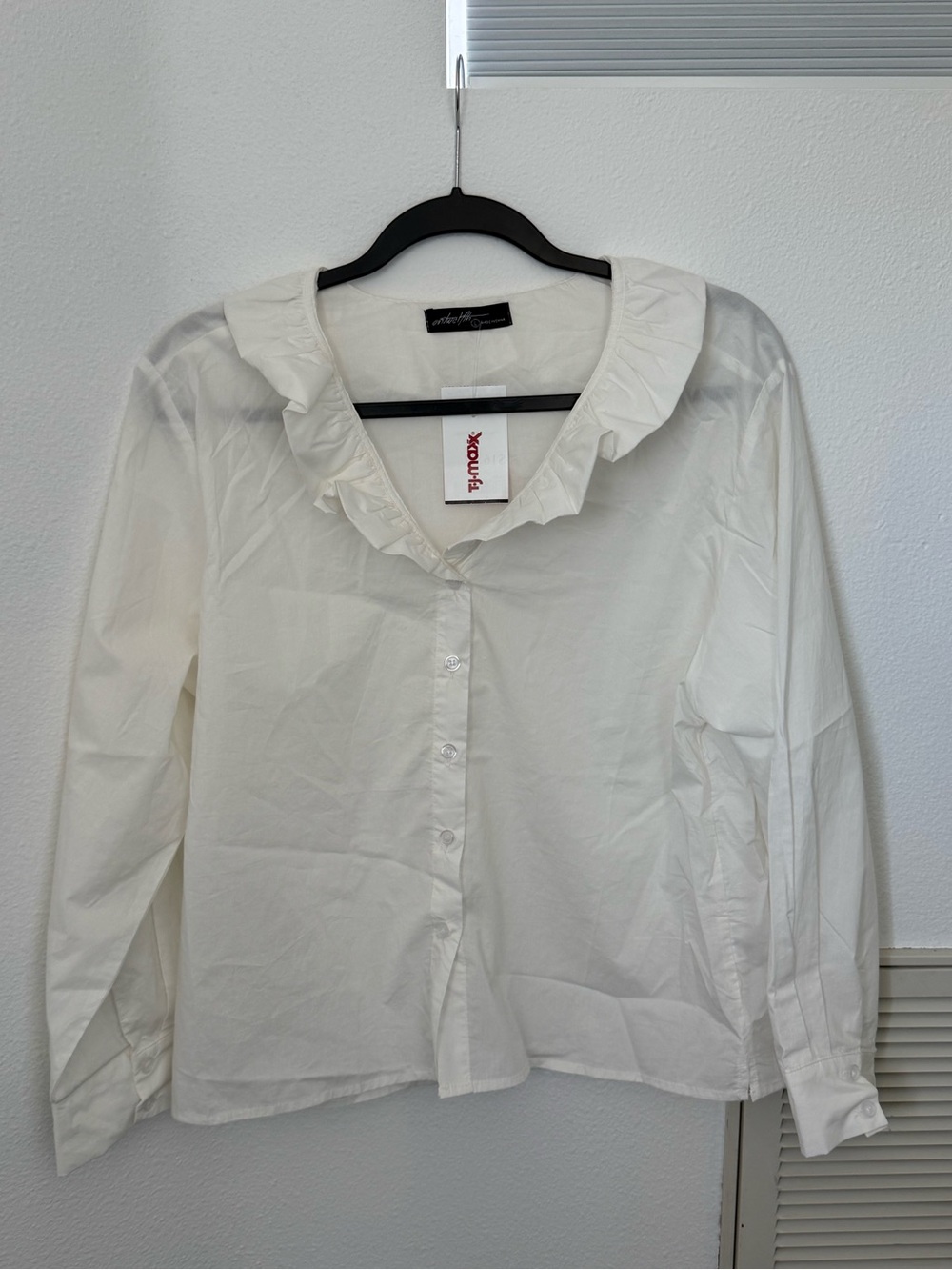 Crisp White Ruffle Collar Button-Down Shirt